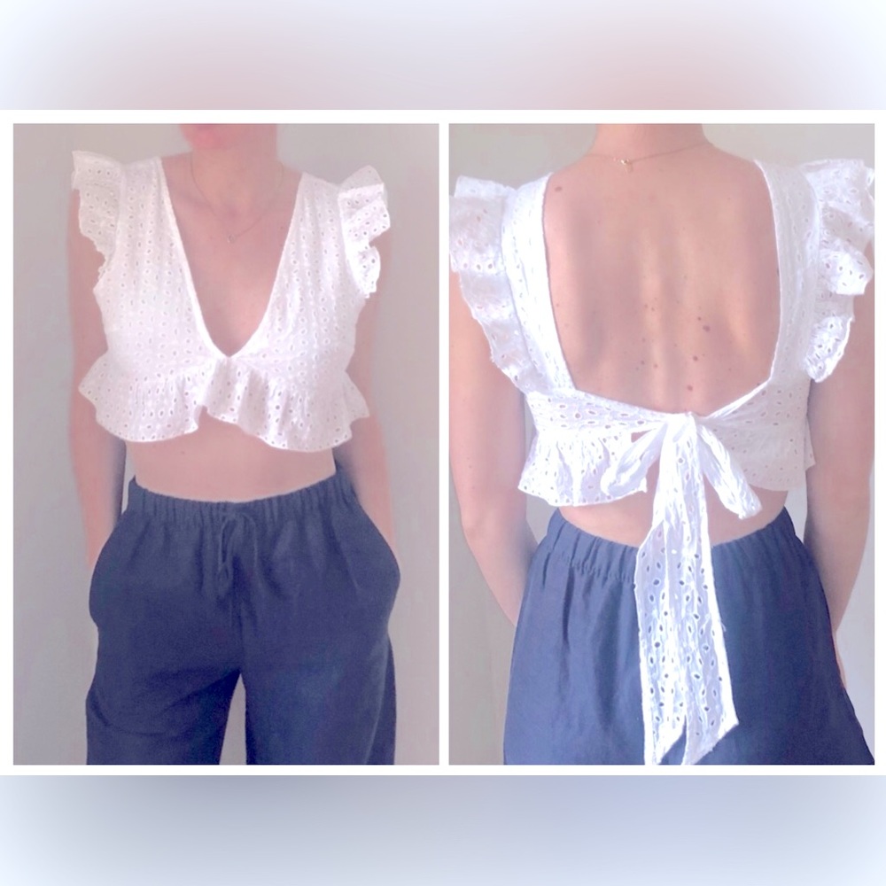 Cropped Peplum Cotton Top with Bow Tie